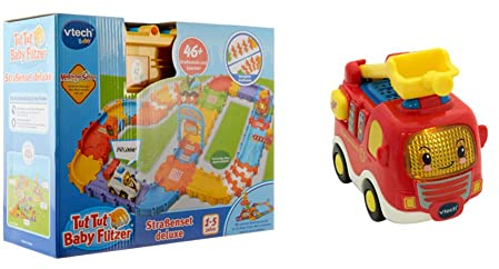 Vtech 80-524404 TUT TUT Baby Flitzer - Straßenset Deluxe, Babyautos, Mehrfarbig & 80-514004 TUT TUT Feuerwehrauto Babyspielzeug, Mehrfarbig