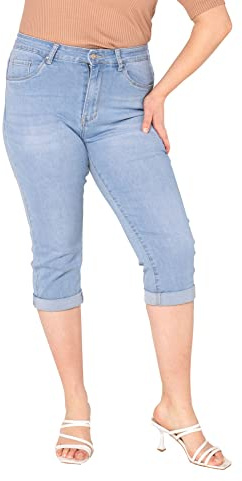 Nina Carter P200 dam caprijeans, stora storlekar, hög midja, jeans, sommarbyxor, använd look, Ljusblå (P200-6), 46 plus size