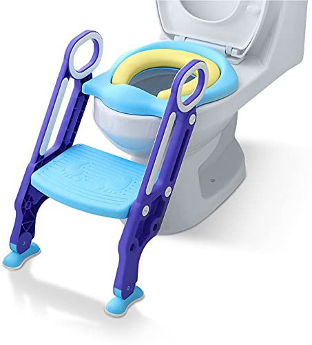 UISEBRT Toilettensitz Kinder mit Treppe Faltbar Toilettentrainer Höhenverstellbar Toilettenaufsatz Kinder WC Trainer mit PU Kissen und Griffen für 1-7 Jahren Kleinkinder - Blau und Lila