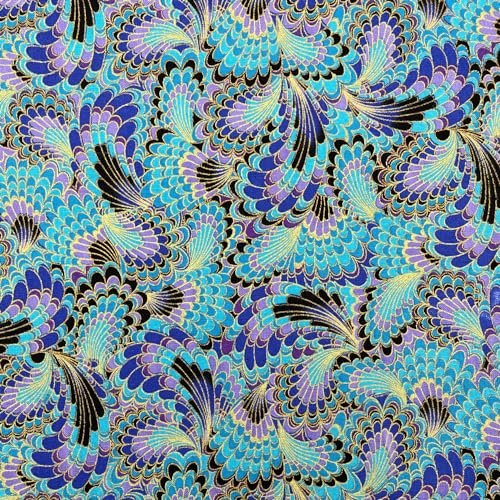 Jukway Tissu au mètre Coton, 100x145cm, Tissus 100% Coton, Motif Fleurs dorées bronzantes Tissus pour Couture, Quilting, Artisanat, Rideaux, Nappes, Décoration d'intérieur (Bleu, Motif de Plumes)