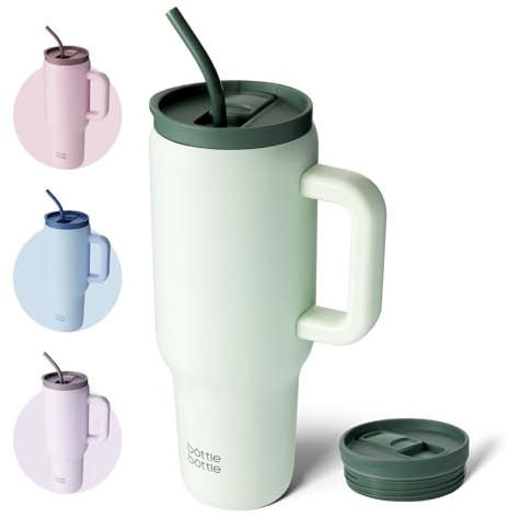 BOTTLE BOTTLE 40oz (1.2L) Kaffeebecher aus Edelstahl mit Griff & Strohhalm, BPA-frei, isolierter Thermobecher für Reise, Büro, Uni & Sport, Geschenkidee für Kaffee- und Teeliebhaber (Grün)