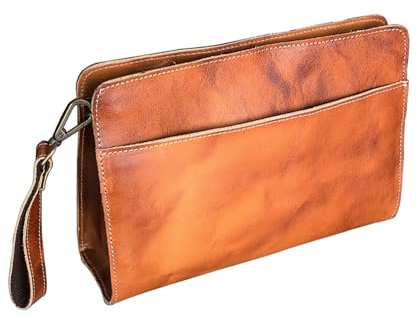 WIOEERS Bolsa de mano de cuero vacuno de capa superior para hombre, bolsa de mano de piel vintage de gran capacidad con correa de muñeca desmontable., Marrón