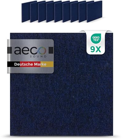 Aeco Sound® - Akustikpaneler Filt | 9 Stycken 30x30cm | Självhäftande | Extra tjock 1,5cm Akustikfilt | Ljudisolering, Väggskydd (Mörkblå)