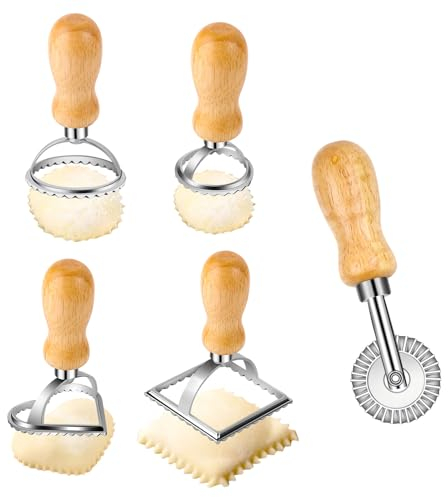 Cortador Raviolis Rueda, 5 Cortadores de Ravioli, Rueda Cortadora de Pasta con Mango de Madera, Cortador de Ravioli Cuadrado/Redondo/Corazón