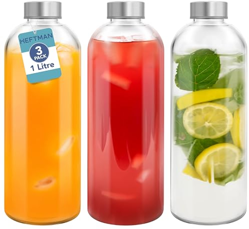 HEFTMAN Botella de agua de vidrio de 1 litro, paquete de 3 botellas de vidrio vacías con tapas, agua, batidos, botellas de jugo de vidrio con tapas herméticas, a prueba de fugas, de acero inoxidable y