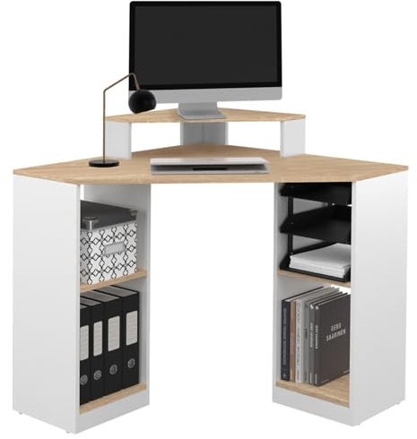 IDMarket - Bureau d'angle Harry Blanc et façon hêtre Gain de Place Bureau Informatique avec rangements