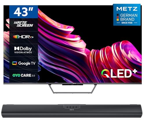 Metz Smart TV, MQE7600Z, 43, QLED, 4K, UHD, HDR 10+, Google TV, Matte Screen, Eye Care, Flicker-Free, Auto Ambient Light Sensor, HDMI, USB, Grigio Soundbar Bluetooth, MSE3001Z