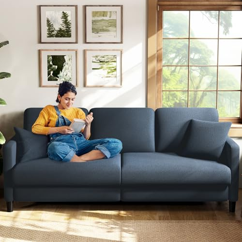Welzona Divano da 211 cm, 3 posti, comodi divani a 3 posti, in pile, senza attrezzi, per soggiorno, divano a 3 posti, piccolo divano con 2 cuscini inclusi, colore: blu e grigio