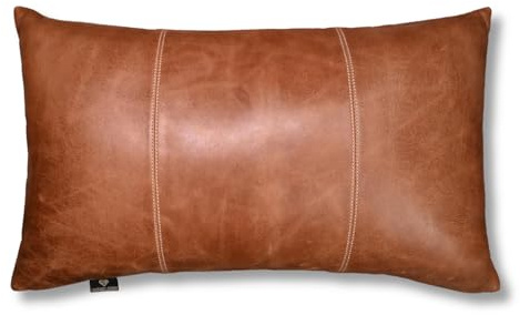 LL LEATHER LOVERS Federa per cuscino in vera pelle di agnello, 35 x 56 cm, per cuscini lombari, spessa e morbida, per divano e letto, decorazione per la casa, marrone cognac, tinta unita, confezione