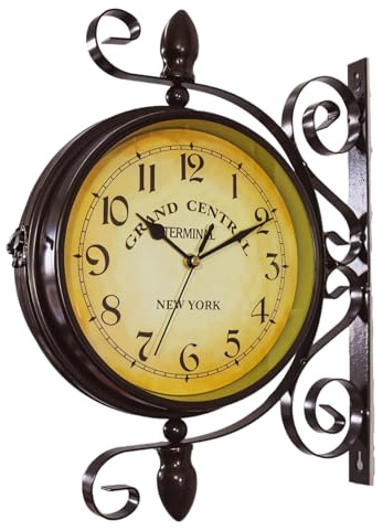 Orologio da parete vintage in ferro a doppia faccia con stazione ferroviaria - 37,1 x 27,9 x 9,9 cm, design industriale per casa e ufficio