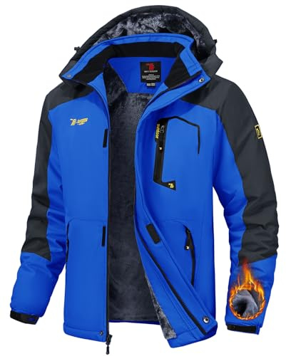 TBMPOY Men's Winter Jackets Skiing Waterproof Snow Thick Fleece Lined Hooded Utility Cold Weather Warm Outdoor Ice Work Blue L