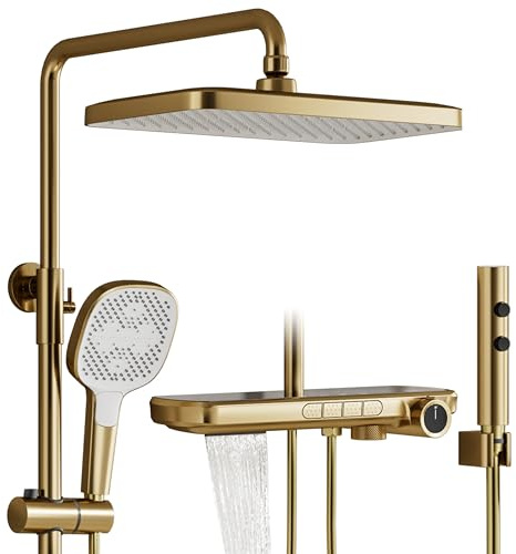 Columna Ducha,Oro Cepillado 4 funciones Columna ducha termostatica,Equipado con ducha fija de 350×220 mm,Teleducha con 3 modos de agua,Pistola rociadora y salida de agua inferior