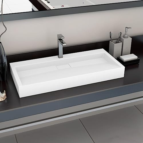 Lavabo Rectangulaire with Fonte Minérale, Design Moderne, Vasque à Poser Salle de Bain, Lavabo Salle de Bain, Meuble Vasque Salle de Bain, Lave Main, Blanc, 100 x 46 x 11 cm