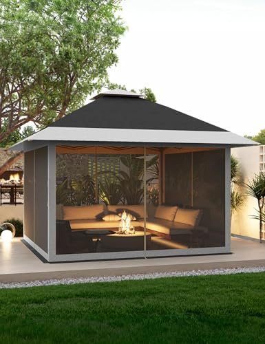 Tonnelle pop-up, 3,7 x 3,7 m, robuste, avec 4 panneaux latéraux moustiquaires, protection UV, ventilation à 360°, grande tente, facile à monter, double toit, pavillon pour patio, jardin, terrasse