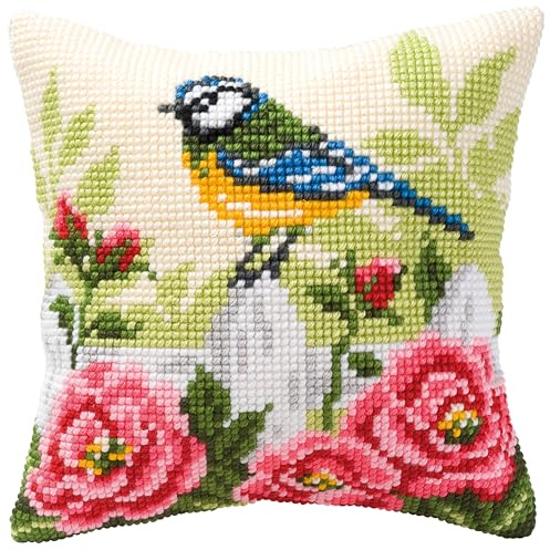 Vervaco Kreuzstich Stickpackungen Kissen Stickerei Set Anfänger Vorgedruckt Fink DIY Set Kreativ Set Für Erwachsene Dekoratives Kissen ca. 40 x 40 cm Bastelset Handwerker Haus Dekoration