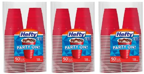 Hefty Easy Grip Disposable Plastic Cold Cups, Red, 18 Ounce (50 Count (Pack of 3))