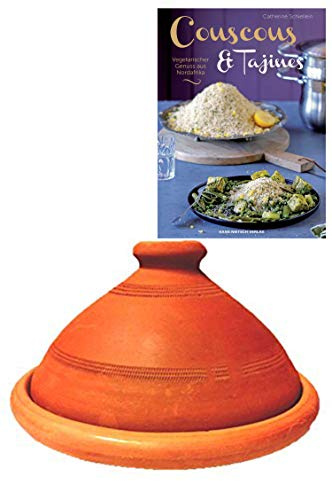 Tajine original aus Marokko, inklusive Kochbuch Vegetarischer Genuss aus Nordafrika, Tontopf zum Kochen, Tuareg Ø 35cm, für 6-8 Personen, handgetöpfert aus Marrakesch, unglasiert, frei von Schadstoffe