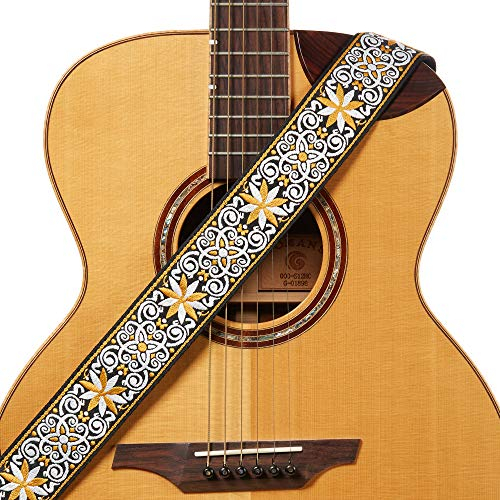 Amumu 5cm Yellow Hootenanny Gitarrengurt mit Stickerei – Premium Lederenden – Für Akustik-, E-Gitarren & Bässe – Verstellbar von 94 cm bis 160 cm