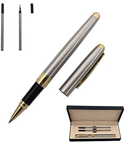 Accod Metal Ballpoint Pen Rollerball Pen Office Signature Pen High-end Gift Box with Two Replaceable Black Refills(0.5mm) Gift for Friends Classmates Family and Colleagues (Silver)
