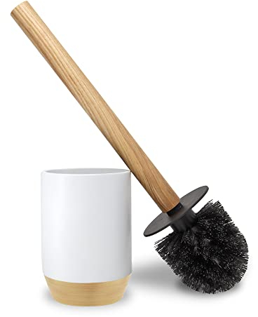 Nadi Collection | Escobilla baño-WC-Inodoro | Serie Aries | Blanco Mate | Resina y Madera | Base Pintada a Mano | Cepillo Negro Desmontable | 9.1ø x 34.5 cm Alto (Blanco)