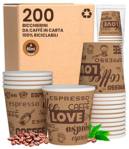 Eurocali 200 Espresso Pappbecher 65ml Biologisch Abbaubare Kaffee Einwegbecher - Ökologisches Design LoveBrownCUP - Kleine Größe für italienischen Espresso für Heißen Getränken