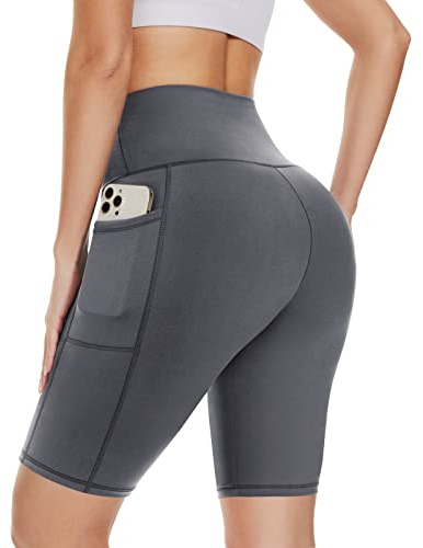 DDOBB Cycling Shorts Women with Pockets High Waist Gym Shorts Tummy Control Tights Soft Strech Pants for Running Yoga(Grey S-M)