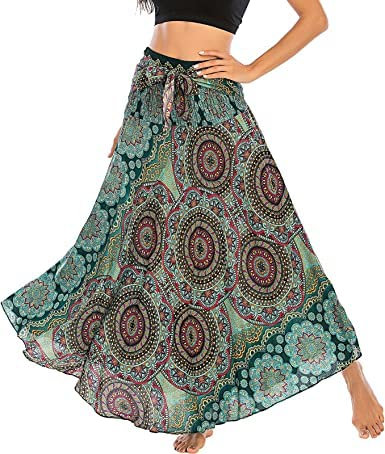 Adigaber Lang Gedruckter Rock Damen Chiffon Bohemien Einheitsgröße Maxirock Verstellbares Riemen Kleid Urlaub Sommerrock Strandkleider