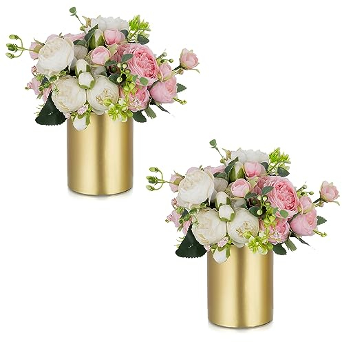 NUPTIO Vasi Fiori Centrotavola Matrimonio: 2 Pezzi 13cm Oro Artificiale Tavoli Piccoli Metallo Floreale Rosa Cilindro Tavola da Pranzo Elegante Soggiorno Feste Moderni Estetica