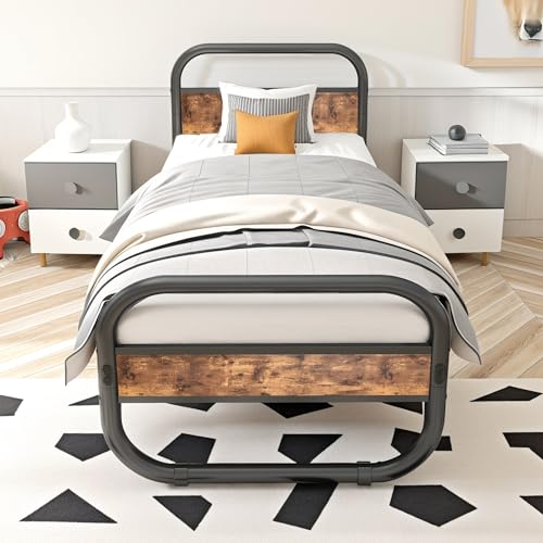 Diahomy Bettgestelle mit Lattenrost Plattformbettrahmen aus Metall und Holz | Für Erwachsene, Kinder, Jugendliche | Einfache Montage | 90 x 200 cm | Braun