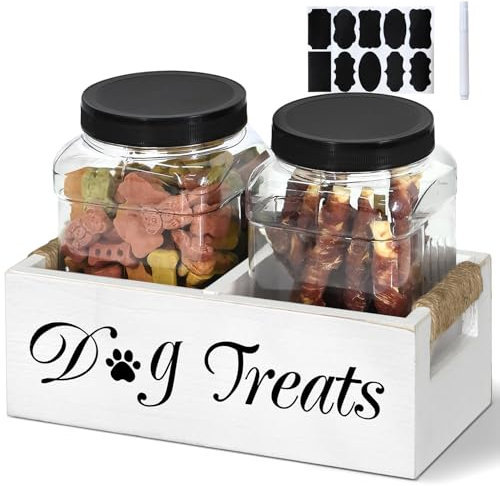 Hundeleckerli-Behälter, Futterbehälter für Hund und Katze, hölzerner Hundeleckerli-Futter-Glashalter mit Griffen, Haustierfutter-Aufbewahrungsbehälter mit 2 Gläsern, Bauernhaus-Hundeleckerlis,