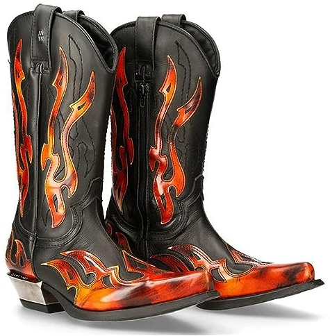SIULAS PU Leather Boots Vintage Western Cowboy Boots Embroidery Biker Boots Slip On Casual Shoes Pointed Toe Boots, orange, 10 UK