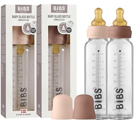 BIBS Baby Glass Bottle 2-Pack 225ml. Anti-Colic. Vented Round Natural Rubber Latex Teat. Supports Natural Breastfeeding, Complete Set - 225 ml (Pack of 2), Blush/Woodchuck