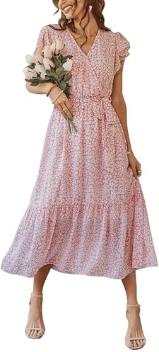 Awemeal - Vestido de verano para mujer, elegante, con escote en V, manga corta, largo, estilo boho, con flores, con cinturón, volantes en el dobladillo, vestido envolvente, para la playa, en línea A
