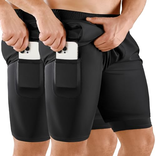 Niksa 2er Pack Herren 2 in 1 Shorts Schnelltrocknende Sporthose Herren Kurz 7 Atmungsaktiv Laufshorts mit Handytasche Sport Shorts, Schwarz, XXL