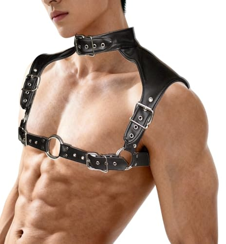 WRWMSLGO Men's Body Chest Harness Belt, Adjustable Faux Patent Leather Neck Collar Choker Shoulder Chest Harness Bondage Strap Belt for Men Gay, Cosplay Costume Masquerade Party Club Fetish Clubwear