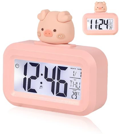 Cyrank Sveglia Digitale Cartoon, Sveglia Kawaii per Ragazze Ragazzi Camera da Letto Display a LED Sveglia per Comodino con Data Time Calendario Temperatura Orologio da Tavolo per Bambini Adulti(Rosa)