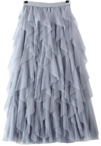 Womens Overlay Layered Tulle Skirt Elastic High Waisted A-Line Midi Skirts Mesh Chiffon Pleated Dress with Flower Decoration (UK, Alpha, S, M, Regular, Regular, Grey)