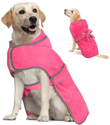 Dolitego Dog Bathrobe with Hood - Super Absorbent Quick Drying Microfiber Pet Towel Dog Robe for After Bath (Rose red, Large)