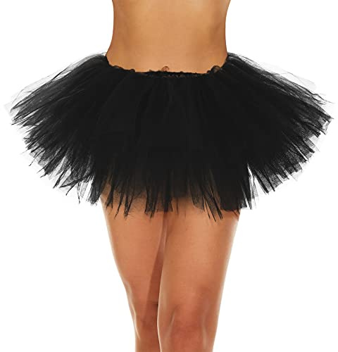 Durio Tüllrock Damen Tütü Rock Kurz 50er Rockabilly Rock Tütü Petticoat Karneval Kostüm Cosplay Party Schwarz Einheitsgröße