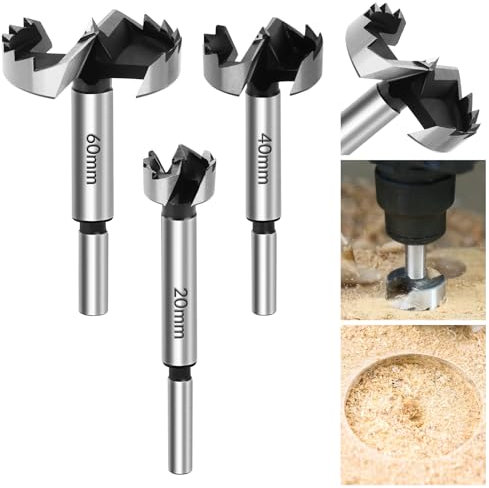 3 Pezzi Punte Forstner | Ø 20 mm + Ø 40 mm + Ø 60 mm | Punte Professionali Forstner per Legno | Punte per Trapano con Gambo Rotondo | Punte per Trapano a Potatura | Trapano Artificiale | Trapano