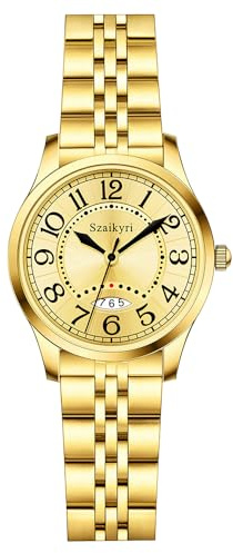 Szaikyri Classic Watch for Women with Easy Read Time Arabic Numerals Ladies Watch with Calendar Water Resistant (Gold)