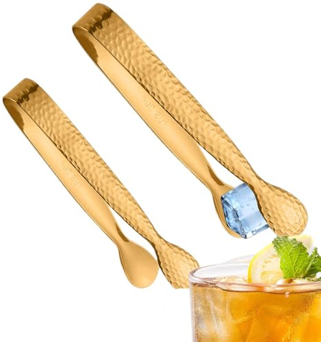 Qkbuza Pinze per secchiello del ghiaccio, pinze per cocktail in metallo, set di 2 strumenti per afferrare il ghiaccio, per tè, caffè, antipasti per uso alimentare, 10 cm