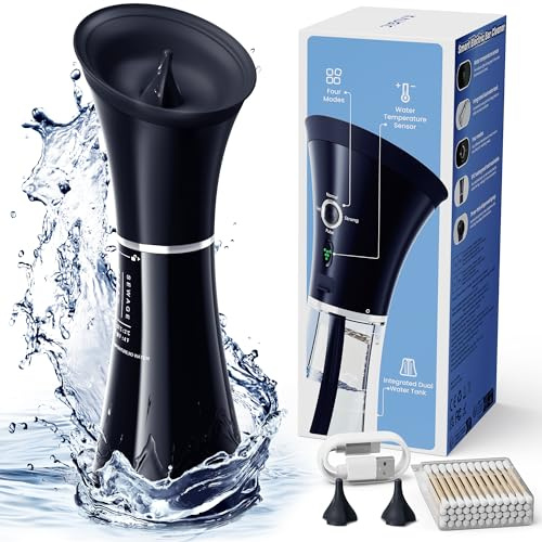 Elektrischer Ohrenschmalz Entferner mit Integriertem Doppeltank, Sicherer Ohrenreiniger mit Smart Wassertemperatursensor, Ohrenreiniger für Erwachsene IPX7 Wasserdicht, Schwarz Blau