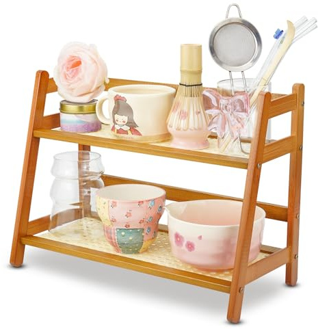 RoaGain Tassenregal, 39x18x29cm – Bambus Tassenhalter, 2-stufig, Matcha Station & Kaffeetassenregal für Arbeitsplatte, Tee Organizer, Holzwerkstoff Tassenständer für Küche, Büro & Zuhause