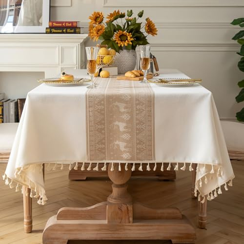 Pahajim Table cloths Rectangular Cotton Linen Washable Table Cover White | Wipe Clean Tablecloth Printed Dust-Proof with Tassel for Kitchen Dinning Outdoor