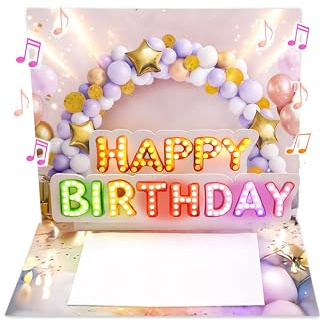 Joli Coon Biglietto auguri compleanno con musica e luce – Biglietto auguri compleanno pop up 3D per donna con effetto luminoso, busta e adesivo sigillo – 20 x 15 cm