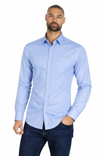 Mens Long Sleeve Shirt Tailored Fit Easy Iron Collared Button Up Poplin Smart Casual Business Wedding Office Shirt