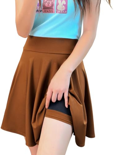Alexis Leroy Gonna a Sbuffo Plissettata per Donna, Lunghezza Midi A-Line con Shorts Integrato – Modello Romantico, Effetto Snellente, Antiscivolo Marrone caffè L