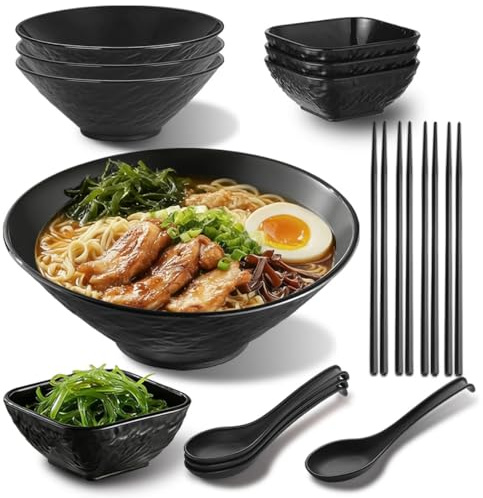 Berglander Ramen Bowl Set 40 oz of 4 with Dipping Bowls Chopsticks Spoons, Unbreakable Japanese Style Plastic Noodle Soup Bowls for Asian Pho Soup Thai Miso Udon Wonton