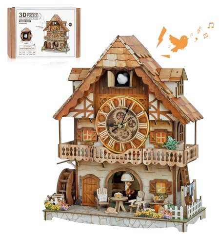Rnfinewow Puzzles 3D pour adultes - Horloge à coucou - Kit d'horloge de campagne suisse (avec pendule) - Puzzles en bois pour adultes - Décoration d'intérieur - Kit de fabrication de montres à faire